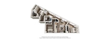 A 3D image of a house layout with a kitchen, living room, and bedrooms.