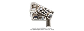 A 3D floor plan of a house with a kitchen, living room, and bedrooms.