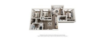 A 3D image of a room layout with furniture and appliances.