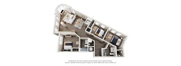 A 3D floor plan of a house with labeled rooms.