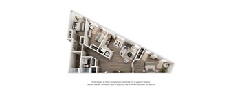 A 3D floor plan of a house with a kitchen, living room, and bedrooms.