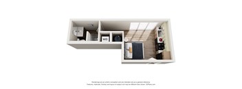 A 3D floor plan of a small apartment with a kitchen, living room, and bathroom.
