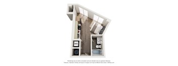 A 3D floor plan of a small apartment with a kitchen, living room and bathroom.