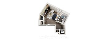 A 3D floor plan of a small apartment with a kitchen, living room, and bathroom.