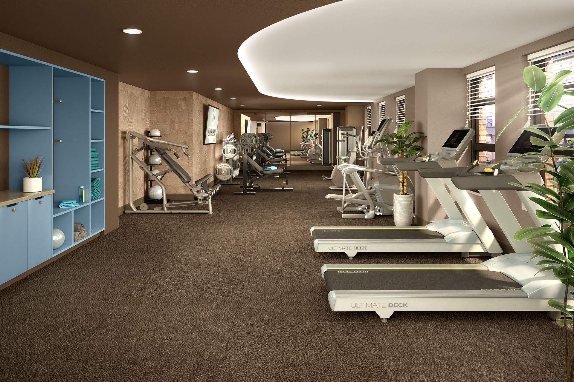 A gym with treadmills and exercise equipment.
