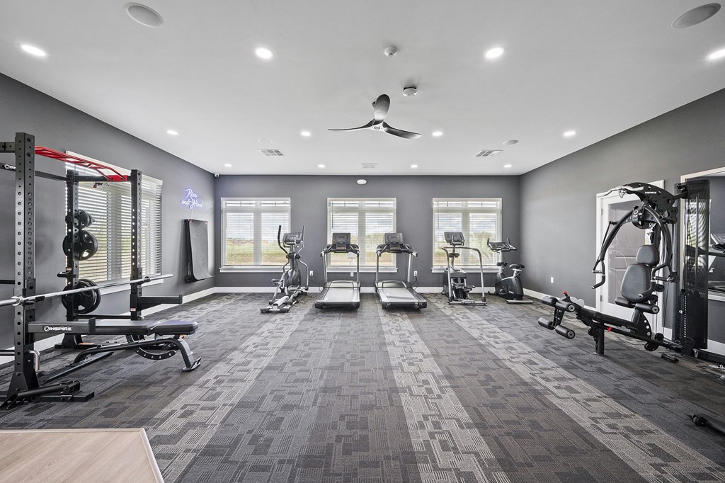 a gym with weights and cardio machines and windows