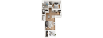 A top-down view of a house layout with a kitchen, living room, and bathroom.