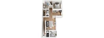 A floor plan of a house with a kitchen, living room, and two bedrooms.