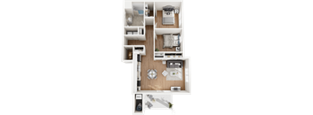 A top-down view of a small apartment layout with a kitchen, living room, and bathroom.