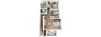 A 3D floor plan of a small apartment with a kitchen, living room, bedroom, and bathroom.