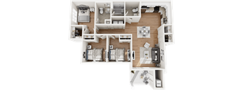 A top-down view of a well-organized apartment with a living area, two bedrooms, a kitchen, and a bathroom.