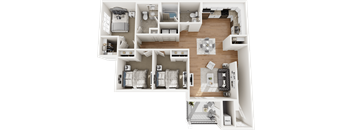 A detailed 3D floor plan of a modern apartment layout.