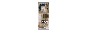 A top-down view of a small, neatly organized apartment with a kitchen, living room, and bathroom.