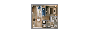 A top-down view of a modern, minimalist bedroom and living room.