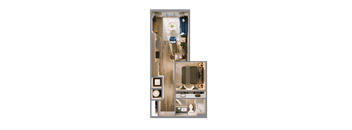 A 3D floor plan of a small apartment with a bedroom and a living room.