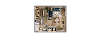 A top-down view of a room with a bed, a couch, a dining table, and a kitchen area.