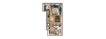 A 3D floor plan of a small apartment with a kitchen, living room, and bathroom.