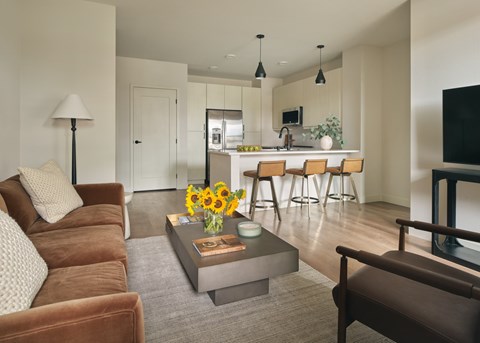 A living room with a brown couch and a grey coffee table.