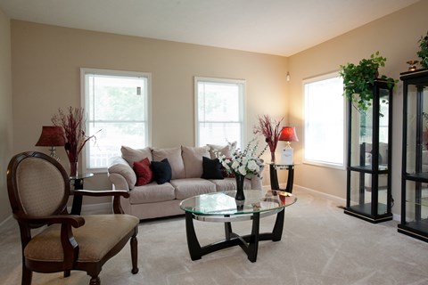 A living room with a couch, chair, and table.