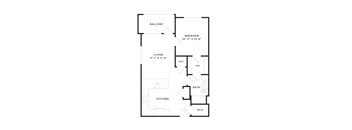 A floor plan of a small apartment with a living room, kitchen, bathroom, and bedroom.