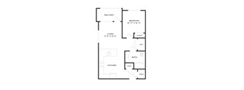 A black and white image of a floor plan for a small apartment.