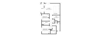 A floor plan of a house with a living room, two bedrooms, a kitchen, a bathroom, and a coat area.