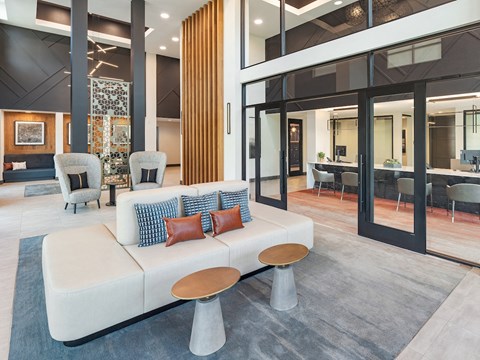 A modern living room with a white sofa and a grey rug.