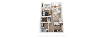 a stylized floor plan with a bedroom and a living room