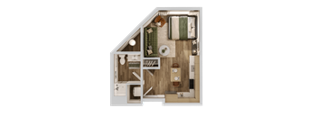 A top-down view of a small, neatly organized apartment with a kitchen, living room, and bathroom.