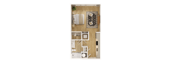 A top-down view of a room with a bed, a couch, a rug, and a small table.