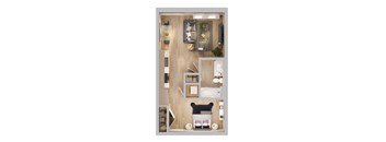 a bedroom floor plan with a bathroom and a living room