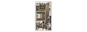 A detailed 3D floor plan of a small apartment.