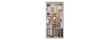 A top-down view of a small apartment with a kitchen, living room, and bathroom.