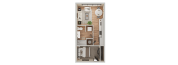 A top-down view of a small apartment layout with a kitchen, living room, and bedroom.