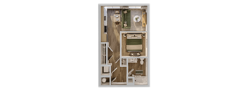 A detailed 3D floor plan of a small apartment layout.
