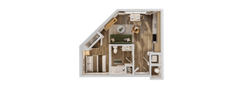 A top-down view of a room with a couch, a dining table, and a kitchen area.