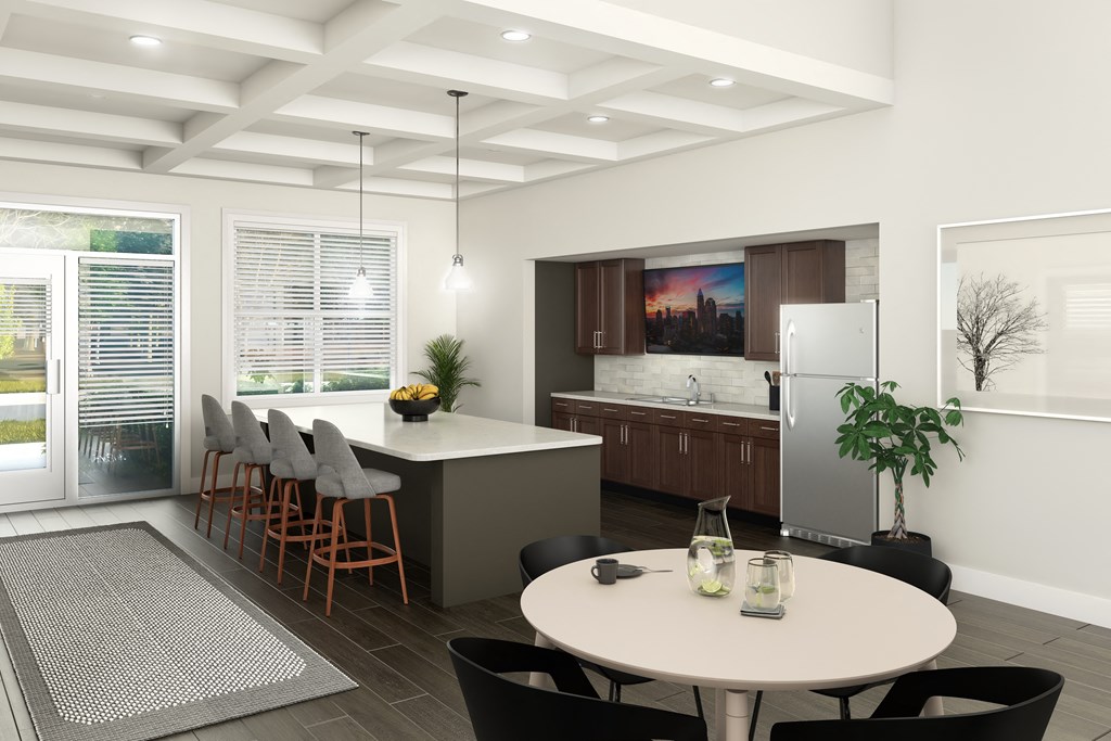 a rendering of a kitchen and dining room with a white table and chairs
