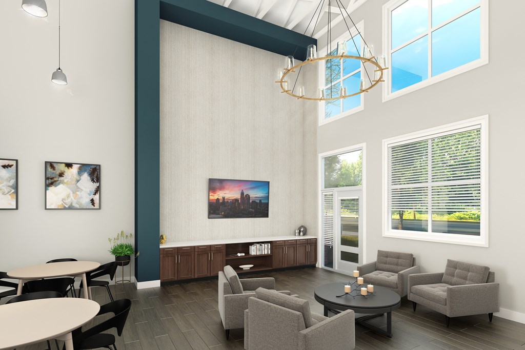 a rendering of a room with couches and tables