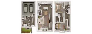 three dimensional floor plans of a 1 bedroom apartment