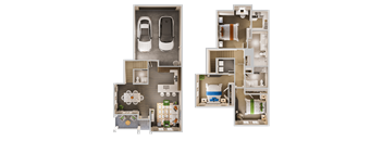 a floor plan of a house with two cars and a garage