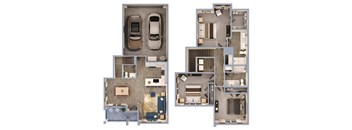 A floor plan of a house with two cars parked in the garage.