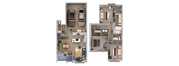 A floor plan of a two-story apartment with a living room, kitchen, bedrooms, and bathrooms.