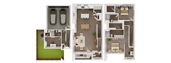3d floor plan of a residence with bedrooms and a car garage