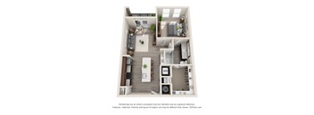 A 3D floor plan of a small apartment with a kitchen, living room, and bedroom.