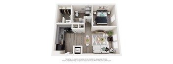 A 3D floor plan of a small apartment with a kitchen, living room, and bedroom.