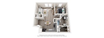 A 3D floor plan of a small apartment with a kitchen, living room, and bedroom.