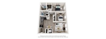 A 3D floor plan of a small apartment with a kitchen, living room, and bathroom.