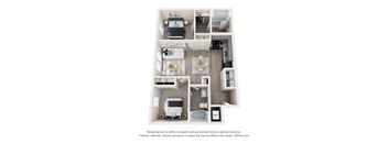 A 3D floor plan of a small apartment with a kitchen, living room, and bedroom.