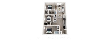 A 3D floor plan of a small apartment with a kitchen, living room, and two bedrooms.