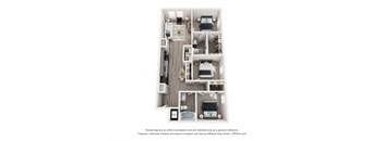 A 3D floor plan of a small apartment with a kitchen, living room, and two bedrooms.